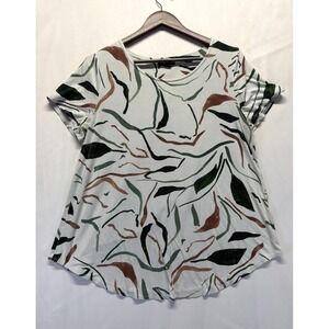 Alfani Knit‎ Blouse Top Womens 0X White Multi Abstract Print Pleated Scoop Neck